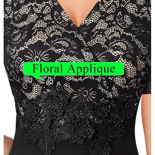 imageVFSHOW Womens Floral Lace Applique Waist V Neck Short Sleeve Colorblock Cocktail Bodycon DressBlack  Floral Lace