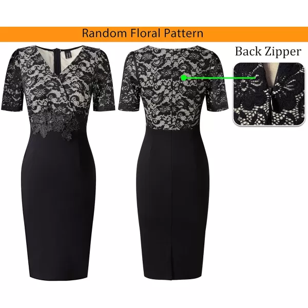 imageVFSHOW Womens Floral Lace Applique Waist V Neck Short Sleeve Colorblock Cocktail Bodycon DressBlack  Floral Lace