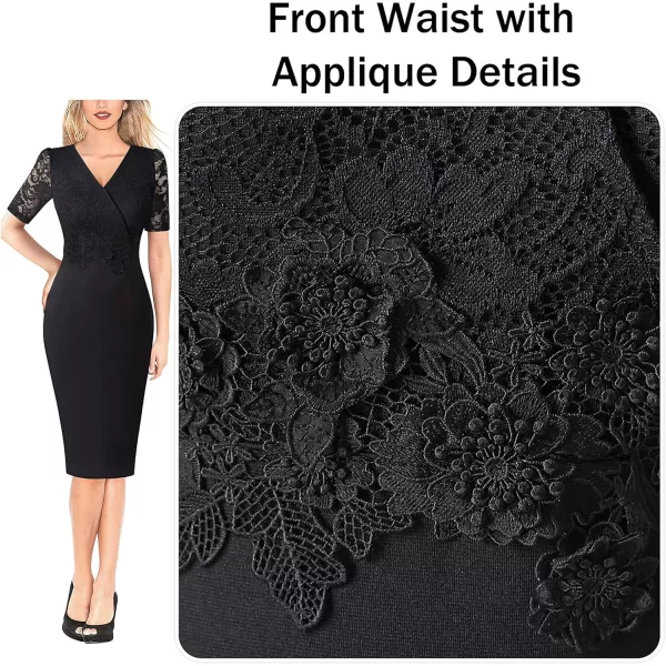 imageVFSHOW Womens Floral Lace Applique Waist V Neck Short Sleeve Colorblock Cocktail Bodycon DressBlack  Floral Laceb