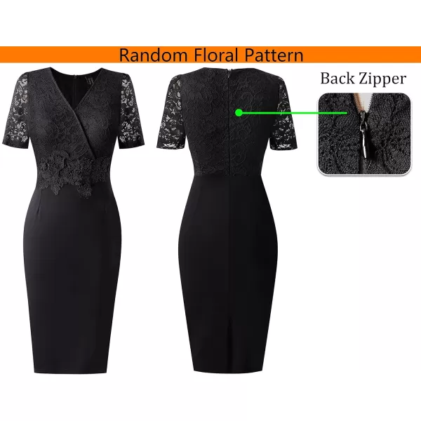 imageVFSHOW Womens Floral Lace Applique Waist V Neck Short Sleeve Colorblock Cocktail Bodycon DressBlack  Floral Laceb