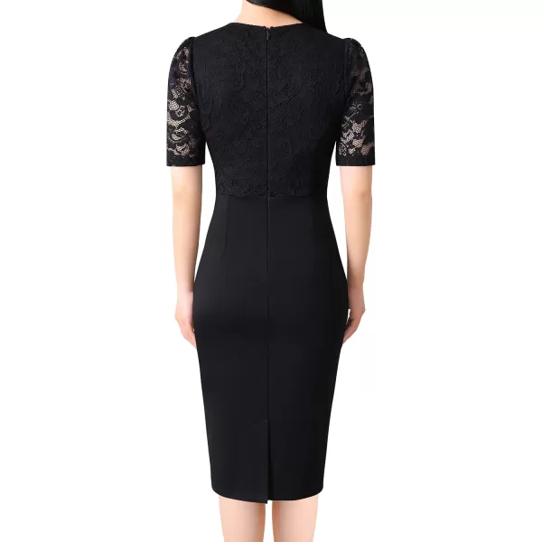 imageVFSHOW Womens Floral Lace Applique Waist V Neck Short Sleeve Colorblock Cocktail Bodycon DressBlack  Floral Laceb