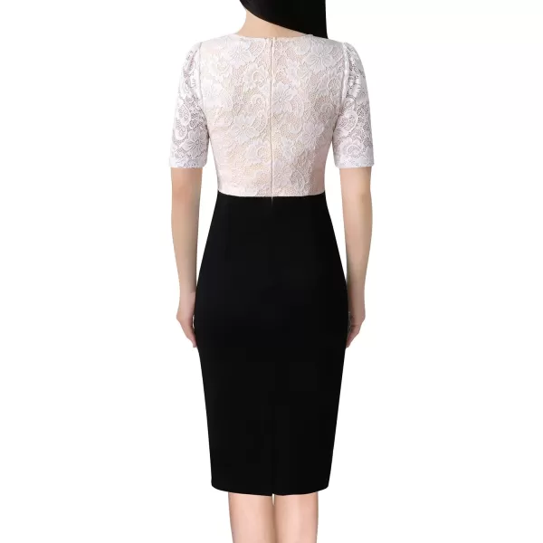 imageVFSHOW Womens Floral Lace Applique Waist V Neck Short Sleeve Colorblock Cocktail Bodycon DressBlack  Off White Floral Lace