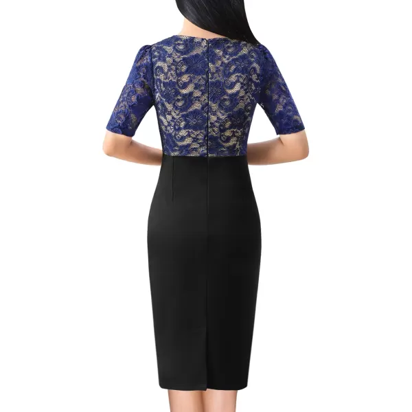 imageVFSHOW Womens Floral Lace Applique Waist V Neck Short Sleeve Colorblock Cocktail Bodycon DressBlue Floral Lace  Black