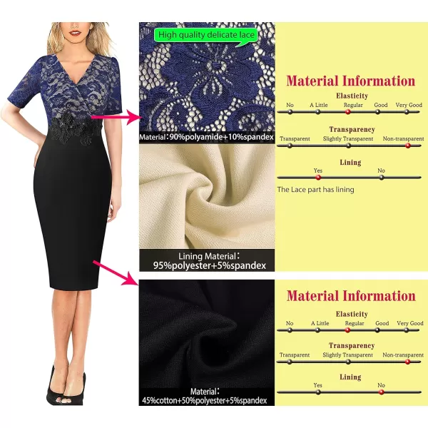 imageVFSHOW Womens Floral Lace Applique Waist V Neck Short Sleeve Colorblock Cocktail Bodycon DressBlue Floral Lace  Black