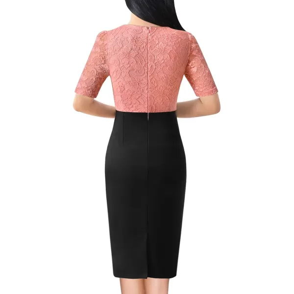 imageVFSHOW Womens Floral Lace Applique Waist V Neck Short Sleeve Colorblock Cocktail Bodycon DressSalmon Floral Lace  Black