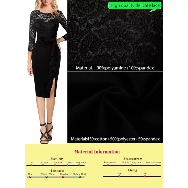 imageVFSHOW Womens Floral Lace Ruffle Peplum Bow Split 34 Sleeve Cocktail Party Bodycon Pencil DressBlack Lace