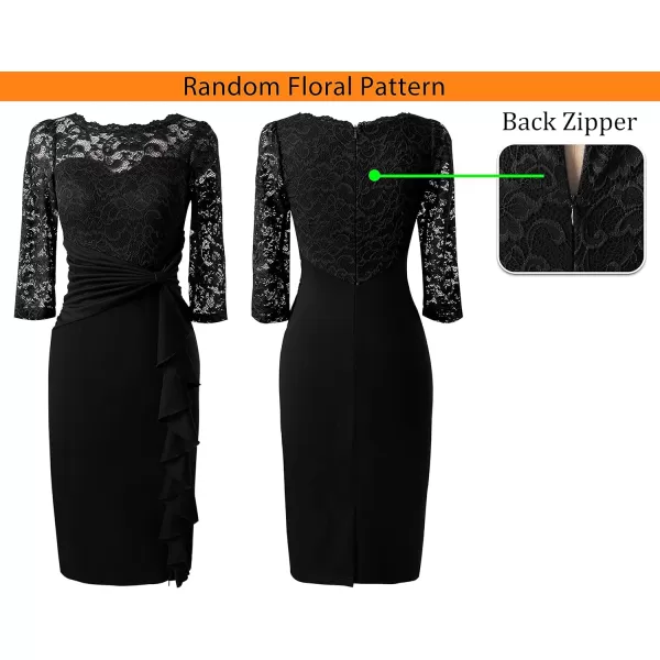 imageVFSHOW Womens Floral Lace Ruffle Peplum Bow Split 34 Sleeve Cocktail Party Bodycon Pencil DressBlack Lace