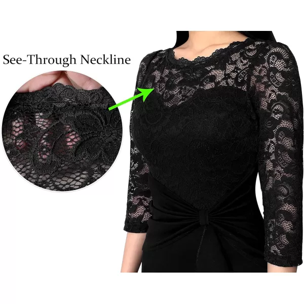 imageVFSHOW Womens Floral Lace Ruffle Peplum Bow Split 34 Sleeve Cocktail Party Bodycon Pencil DressBlack Lace