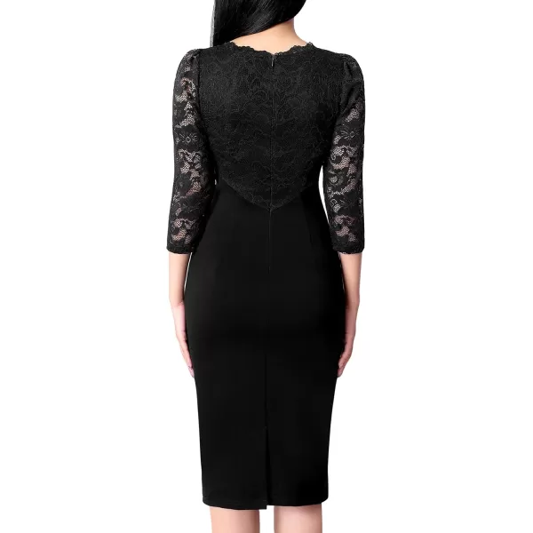 imageVFSHOW Womens Floral Lace Ruffle Peplum Bow Split 34 Sleeve Cocktail Party Bodycon Pencil DressBlack Lace