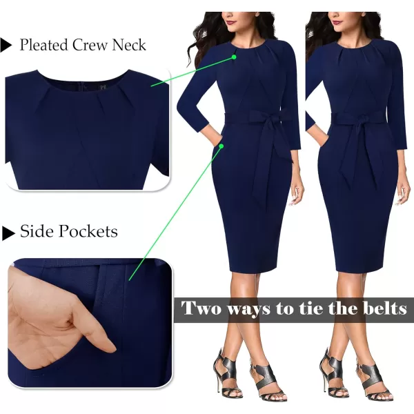 imageVFSHOW Womens Pleated Crew Neck Belted Pockets Slim Work Business Office Bodycon Pencil Sheath DressNavy Blue