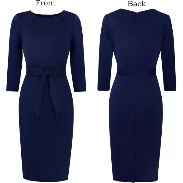 imageVFSHOW Womens Pleated Crew Neck Belted Pockets Slim Work Business Office Bodycon Pencil Sheath DressNavy Blue