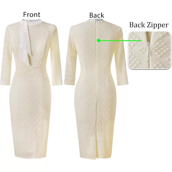 imageVFSHOW Womens Tie Neck Slim Cocktail Party Work Business Office Church Career Bodycon Pencil Sheath DressBeige Bubble Lace