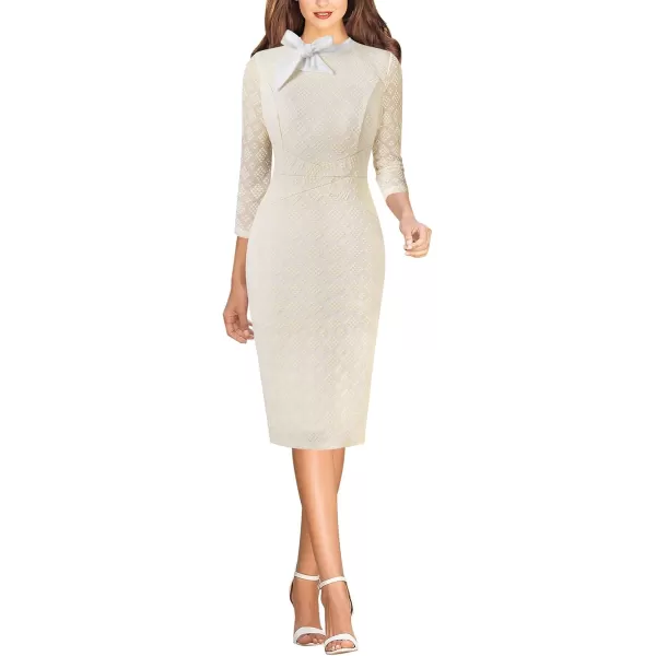 imageVFSHOW Womens Tie Neck Slim Cocktail Party Work Business Office Church Career Bodycon Pencil Sheath DressBeige Bubble Lace