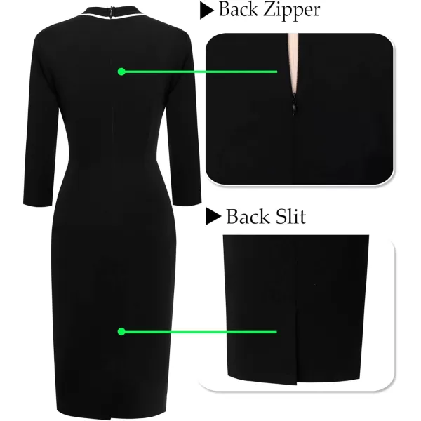 imageVFSHOW Womens Tie Neck Slim Cocktail Party Work Business Office Church Career Bodycon Pencil Sheath DressBlack With White Piping