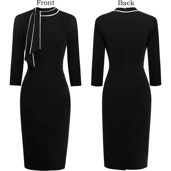 imageVFSHOW Womens Tie Neck Slim Cocktail Party Work Business Office Church Career Bodycon Pencil Sheath DressBlack With White Piping