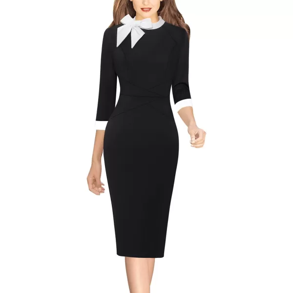 imageVFSHOW Womens Tie Neck Slim Cocktail Party Work Business Office Church Career Bodycon Pencil Sheath DressBlack With White Ties