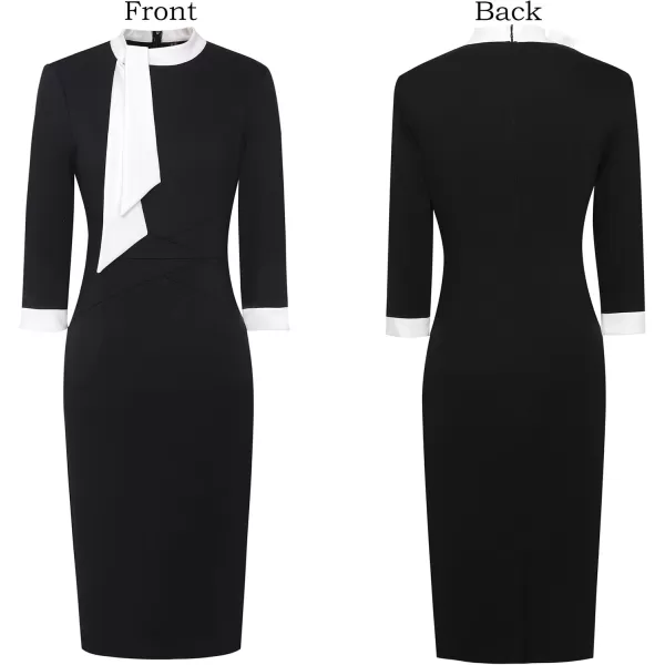 imageVFSHOW Womens Tie Neck Slim Cocktail Party Work Business Office Church Career Bodycon Pencil Sheath DressBlack With White Ties