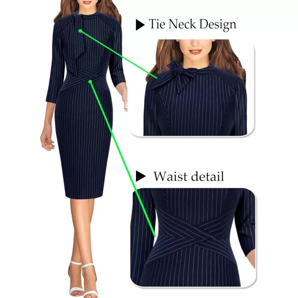 imageVFSHOW Womens Tie Neck Slim Cocktail Party Work Business Office Church Career Bodycon Pencil Sheath DressNavy Blue and White Striped