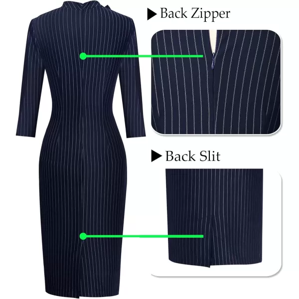 imageVFSHOW Womens Tie Neck Slim Cocktail Party Work Business Office Church Career Bodycon Pencil Sheath DressNavy Blue and White Striped