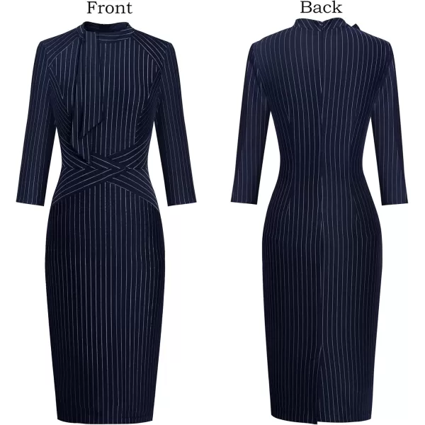 imageVFSHOW Womens Tie Neck Slim Cocktail Party Work Business Office Church Career Bodycon Pencil Sheath DressNavy Blue and White Striped