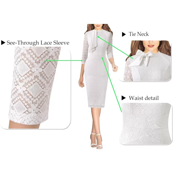 imageVFSHOW Womens Tie Neck Slim Cocktail Party Work Business Office Church Career Bodycon Pencil Sheath DressOff White Lace