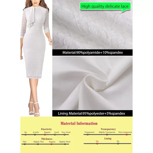 imageVFSHOW Womens Tie Neck Slim Cocktail Party Work Business Office Church Career Bodycon Pencil Sheath DressOff White Lace