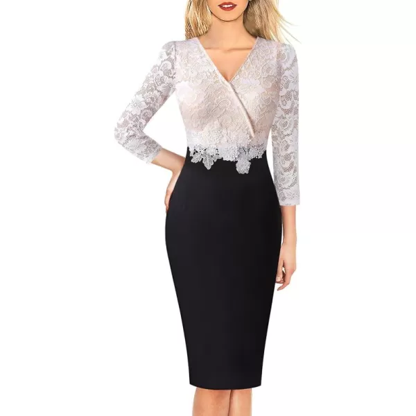 imageVFSHOW Womens Floral Lace Applique Waist V Neck 34 Sleeve Colorblock Cocktail Bodycon DressBlack  Off White Floral Lace