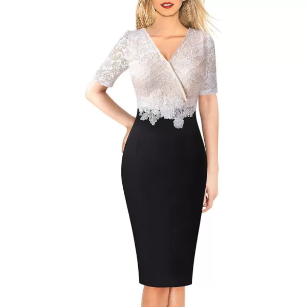 imageVFSHOW Womens Floral Lace Applique Waist V Neck Short Sleeve Colorblock Cocktail Bodycon DressBlack  Off White Floral Lace