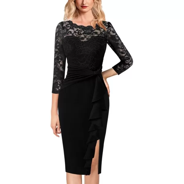 imageVFSHOW Womens Floral Lace Ruffle Peplum Bow Split 34 Sleeve Cocktail Party Bodycon Pencil DressBlack Lace