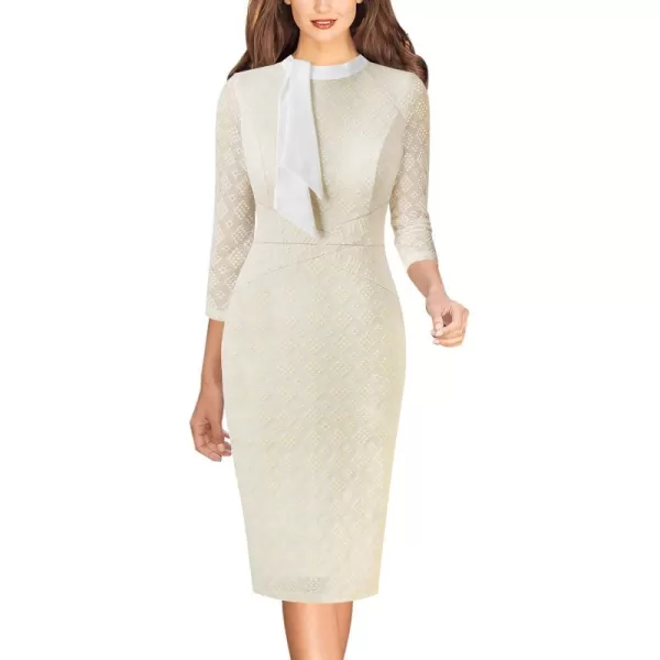 imageVFSHOW Womens Tie Neck Slim Cocktail Party Work Business Office Church Career Bodycon Pencil Sheath DressBeige Bubble Lace