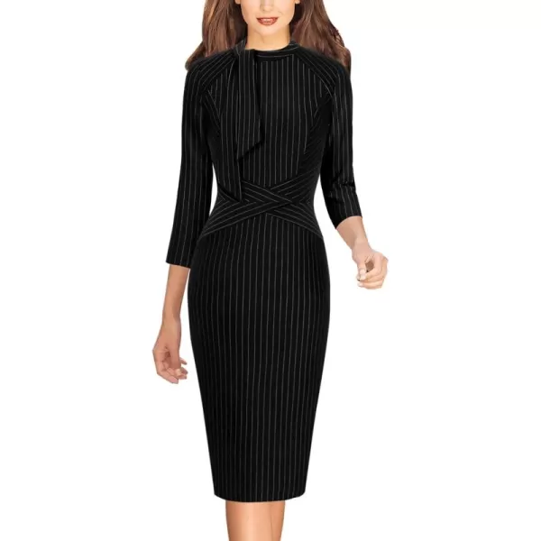 imageVFSHOW Womens Tie Neck Slim Cocktail Party Work Business Office Church Career Bodycon Pencil Sheath DressBlack and White Striped