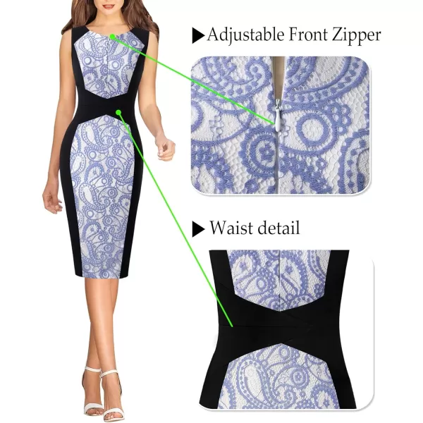 imageVFSHOW Womens Elegant Slim Front Zipper up Work Business Office Party Sheath DressBlack White and Blue Lace