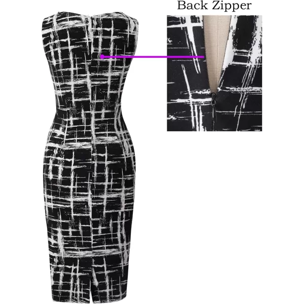 imageVFSHOW Womens Elegant Slim Front Zipper up Work Business Office Party Sheath DressBlack and White Geometric Print