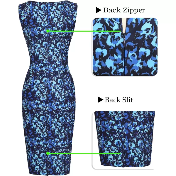 imageVFSHOW Womens Elegant Slim Front Zipper up Work Business Office Party Sheath DressBlue Leopard Print