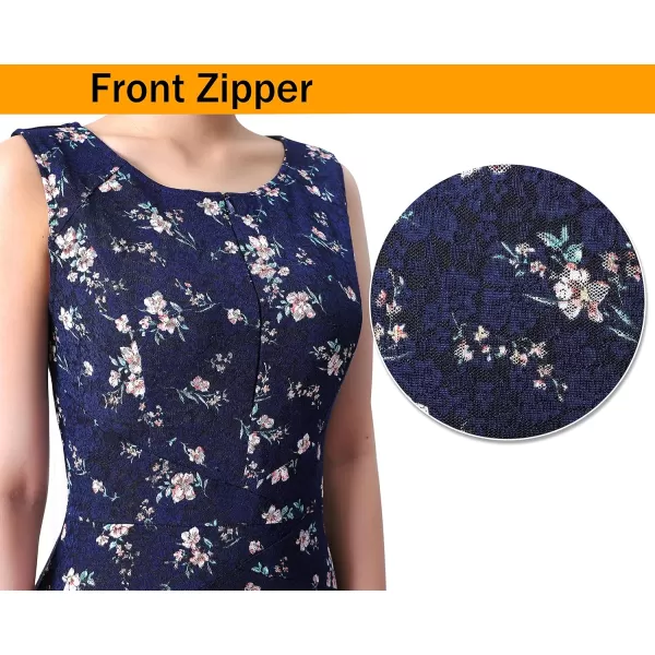 imageVFSHOW Womens Elegant Slim Front Zipper up Work Business Office Party Sheath DressBlue and Multi Floral Printed Lace