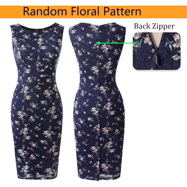 imageVFSHOW Womens Elegant Slim Front Zipper up Work Business Office Party Sheath DressBlue and Multi Floral Printed Lace