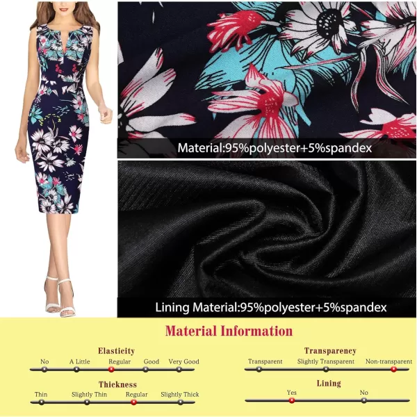 imageVFSHOW Womens Elegant Slim Front Zipper up Work Business Office Party Sheath DressDark Blue Multi Floral Print