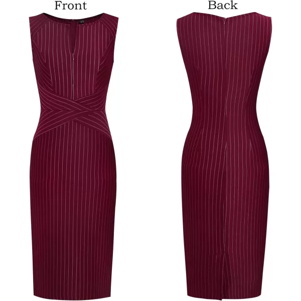 imageVFSHOW Womens Elegant Slim Front Zipper up Work Business Office Party Sheath DressDark Red White Stripes