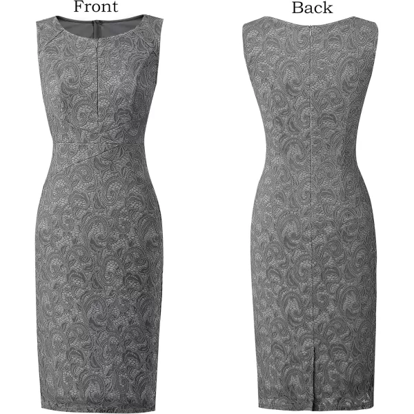 imageVFSHOW Womens Elegant Slim Front Zipper up Work Business Office Party Sheath DressGrey Floral Lace