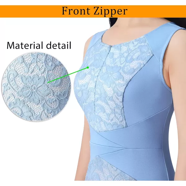 imageVFSHOW Womens Elegant Slim Front Zipper up Work Business Office Party Sheath DressLight Blue and Floral Lace