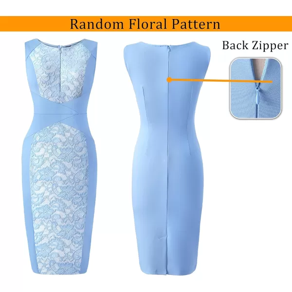 imageVFSHOW Womens Elegant Slim Front Zipper up Work Business Office Party Sheath DressLight Blue and Floral Lace