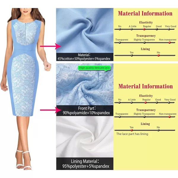 imageVFSHOW Womens Elegant Slim Front Zipper up Work Business Office Party Sheath DressLight Blue and Floral Lace