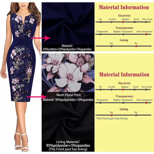 imageVFSHOW Womens Elegant Slim Front Zipper up Work Business Office Party Sheath DressNavy Blue and Floral Print