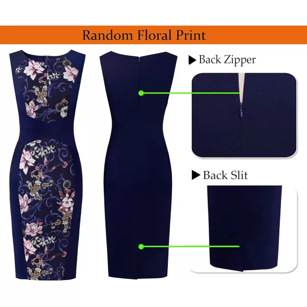 imageVFSHOW Womens Elegant Slim Front Zipper up Work Business Office Party Sheath DressNavy Blue and Floral Print