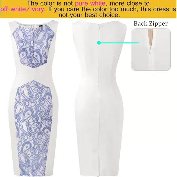 imageVFSHOW Womens Elegant Slim Front Zipper up Work Business Office Party Sheath DressOff White Blue Lace