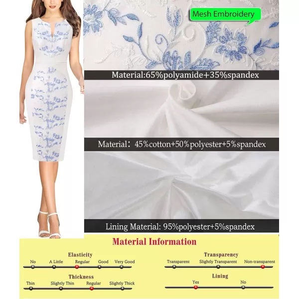 imageVFSHOW Womens Elegant Slim Front Zipper up Work Business Office Party Sheath DressOff White and Blue Floral Embroidery