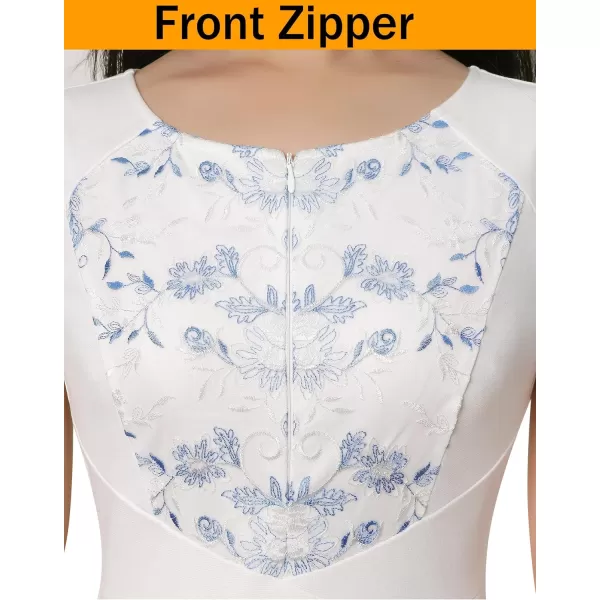 imageVFSHOW Womens Elegant Slim Front Zipper up Work Business Office Party Sheath DressOff White and Blue Floral Embroidery