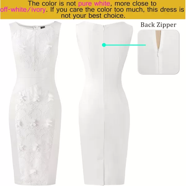 imageVFSHOW Womens Elegant Slim Front Zipper up Work Business Office Party Sheath DressOff White and Floral Embroidery