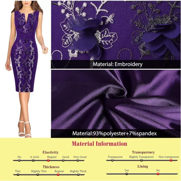 imageVFSHOW Womens Elegant Slim Front Zipper up Work Business Office Party Sheath DressPurple Satinfloral Embroidery