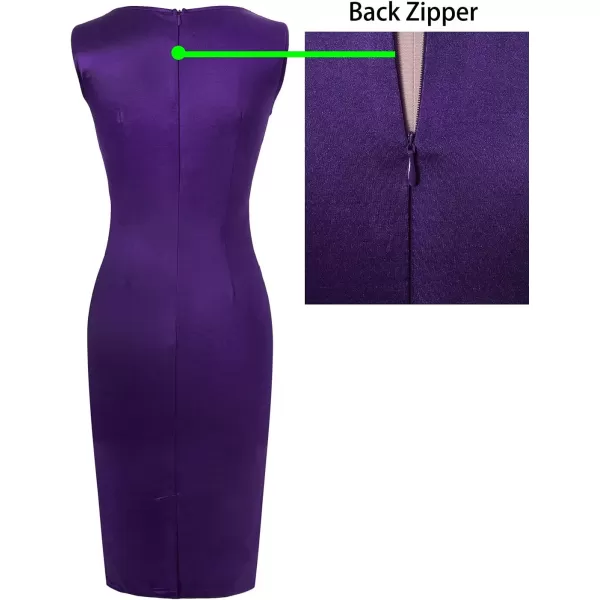 imageVFSHOW Womens Elegant Slim Front Zipper up Work Business Office Party Sheath DressPurple Satinfloral Embroidery